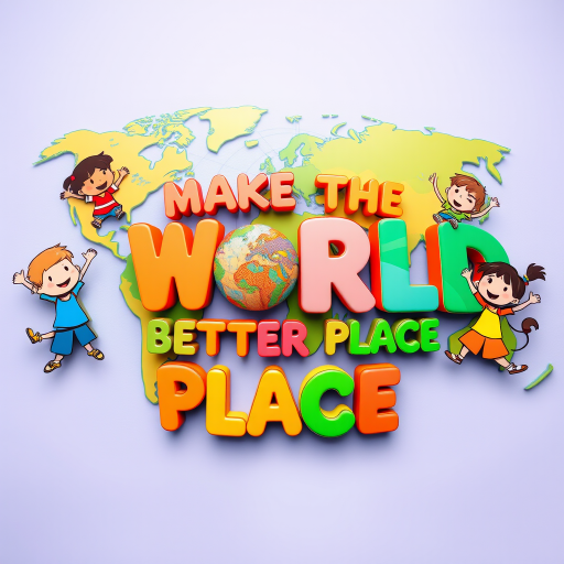Create a colorful illustration featuring the words "MAKE THE WORLD A BETTER PLACE" with playful cartoon children in vibrant clothing celebrating around the text, background of a stylized world map, shot with a DSLR camera at f/4 aperture, ISO 200, 50mm focal length, wide-angle view, high saturation.
