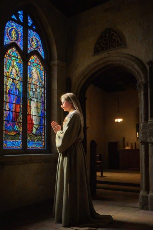 Old European church at twilight, stained glass windows glowing softly, a woman stands in the doorway, her hands clasped in quiet reverence as she takes in the sacred atmosphere.