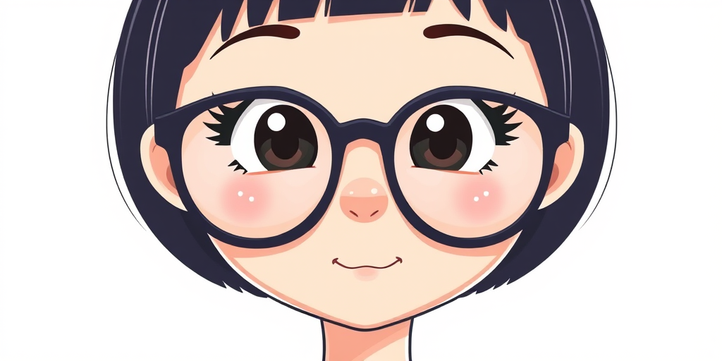 Create a high-quality vector illustration of a cartoon character with glasses and a bob haircut, using a soft color palette, 300 DPI resolution, front view perspective, with a minimalistic background, shot on a digital camera at f/8 aperture and ISO 100 for sharp detail.