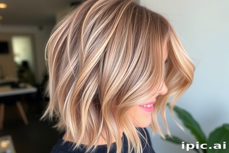 Soft rose gold lob named "Blush Horizon" with subtle root shadow and tousled waves, styled with a deep side part and effortless lived-in texture