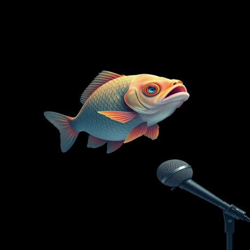 A surreal illustration of a fish swimming in space with a microphone nearby, high contrast black background, digital art style, Canon EOS R5, f/2.8, 50mm lens, ISO 100, soft lighting for enhanced details.