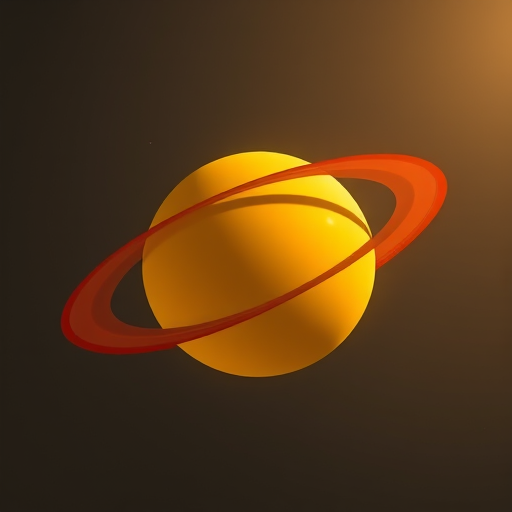 Create an image of a yellow planet with a red ring around it, captured from a low-angle view using a full-frame DSLR camera with a 50mm lens, aperture set to f/8, ISO 200, and a soft light filter to enhance colors and details.