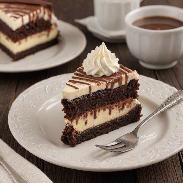 Create an image of a slice of layered dessert featuring a rich chocolate brownie base topped with a creamy vanilla mousse. The dessert should be garnished with a swirl of whipped cream and drizzled with chocolate sauce, with a light dusting of cocoa powder on the plate.