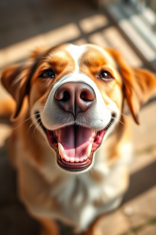 Create a clear image of a happy dog with a focus on its face, shot at f/2.8, 1/500s, ISO 100, in natural light, using a 50mm lens at eye level with a shallow depth of field to blur the background and enhance the dog's features.