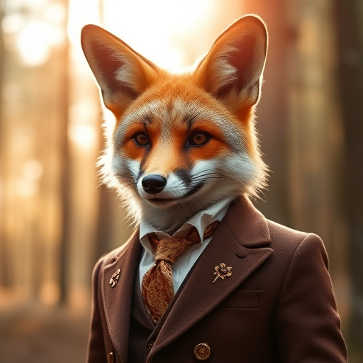 Create a highly detailed portrait of a humanoid fox in an elegant brown suit with intricate embroidery, set in a serene forest with soft, diffused sunlight filtering through the trees, using a DSLR camera with an f/1.8 aperture, 50mm lens, ISO 100, and a shallow depth of field for a dreamy background blur.
