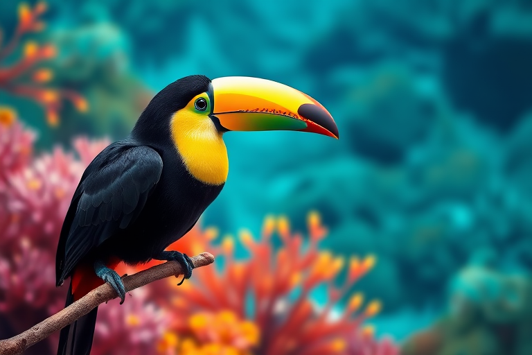 create a vibrant illustration of a toucan perched on a branch against a coral background using a Canon EOS 5D Mark IV with a 50mm lens, aperture set to f/2.8, ISO 100, and a shallow depth of field for enhanced detail and clarity