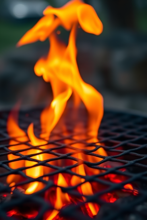 Close-up of a grilling fire with vibrant flames and glowing embers, shallow depth of field, bokeh effects in the background, shot with a Canon EOS R5, 50mm lens, f/1.8 aperture, ISO 100, 1/200s shutter speed.