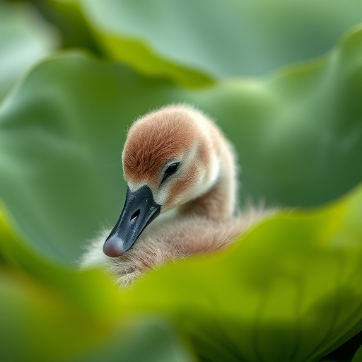 a close-up shot of a sleepy cygnet nestled in large green lotus leaves, soft focus background, natural light, aperture f/2.8, ISO 100, 50mm lens, macro photography