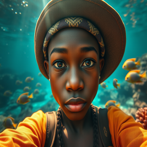 Realistic selfie image of a Zulu, wearing a vintage outfit, detailed dreamy eyes, droopy hooded eyes, staring at the camera, taken underwater at coral reef with a sunbeam filtering through the water, vibrant, summer vacation, natural lighting, turtle and school of tropical fish with vibrant colors, rendered in the style of CryEngine, Pegi Nicol MacLeod, with realistic genre scenes, hauntingly beautiful narratives, ultra-realism, and Thomas Saliot's close-up technique, 8K resolution, crystal clear and sparkling water.