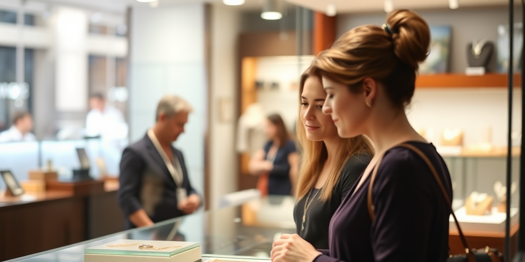 capture a scene of two women observing jewelry through a store window with a male shopkeeper inside, bright natural lighting, shallow depth of field, 50mm lens, aperture f/1.8, ISO 200, slight bokeh effect to enhance background, taken with a DSLR camera