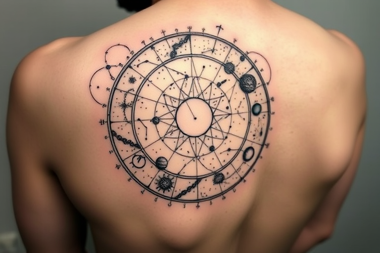 Mesmerizing dotwork tattoo depicting an intricate celestial map with constellations and planets, tiny precise dots forming subtle gradients and textures, monochromatic black ink for a timeless and elegant appearance