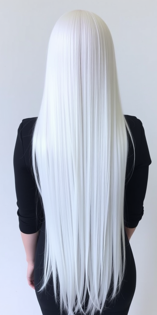 Icy white waist-length straight hair known as "Frost Waterfall" with an ultra-smooth, glass-like finish and subtle blue undertones for a ethereal appearance