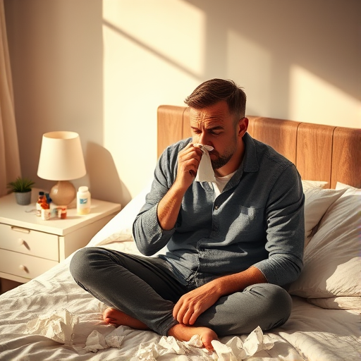 A man sitting on a bed with a sad expression, blowing his nose into a tissue, surrounded by crumpled tissues and medicine bottles on a bedside table, warm natural light, soft focus, 50mm lens, f/1.8 aperture, ISO 200, shot with a DSLR camera.