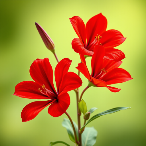 Generate an illustration of three vibrant red flowers with smooth petals and green leaves against a soft green background, using a Canon EOS R5, aperture f/2.8, focal length 50mm, in a macro photography style for enhanced detail and color saturation.