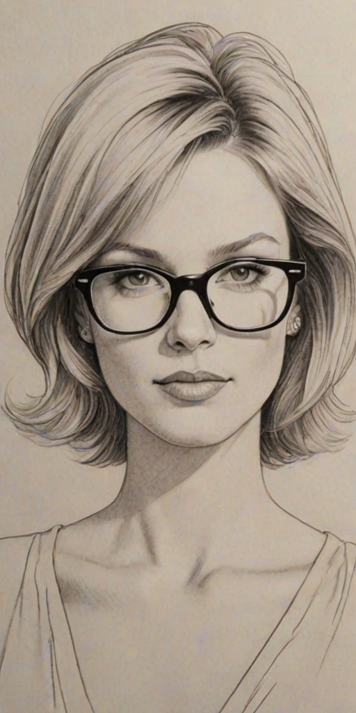 Wonderful Candice Cameron Bure, pencil sketch, portrait of Appealing woman 1976s in glasses, hair style beatnik, outline, clear lines, fine lines, 8k