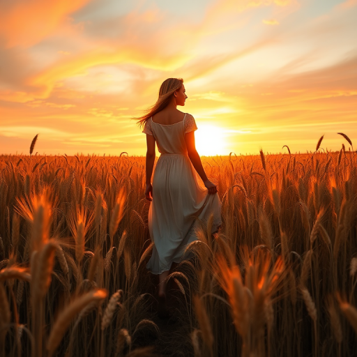 Golden wheat field at sunset, the sky ablaze with vibrant colors, a woman in a flowing dress walks slowly through the field, her hands brushing the tops of the tall stalks as the wind whispers through the grass.