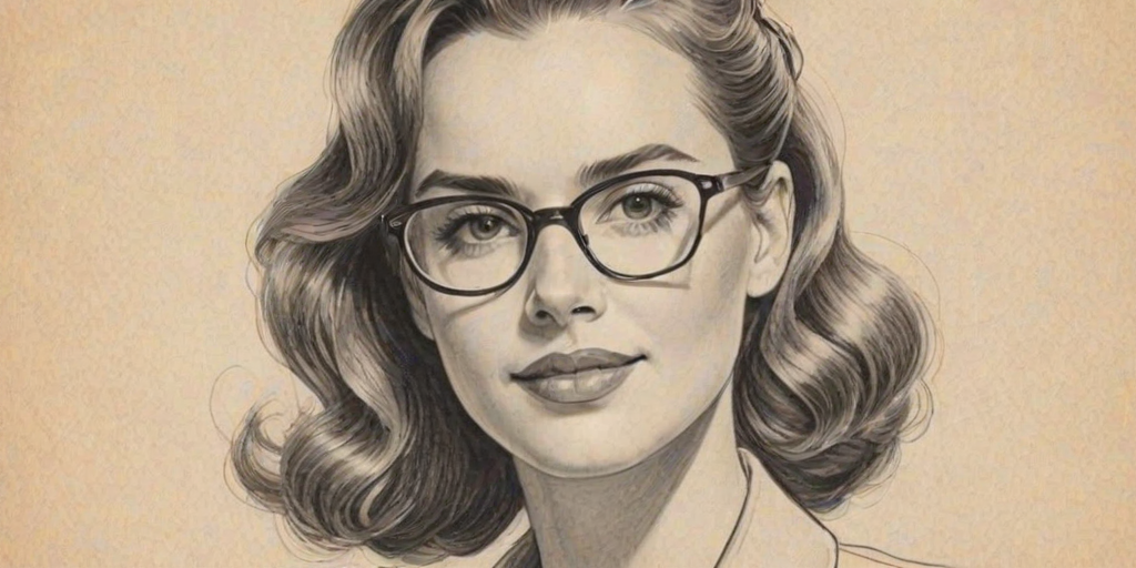 Dazzling Christa B. Allen, pencil sketch, portrait of Delightful woman 1942s in glasses, hair style beatnik, outline, clear lines, fine lines, 8k