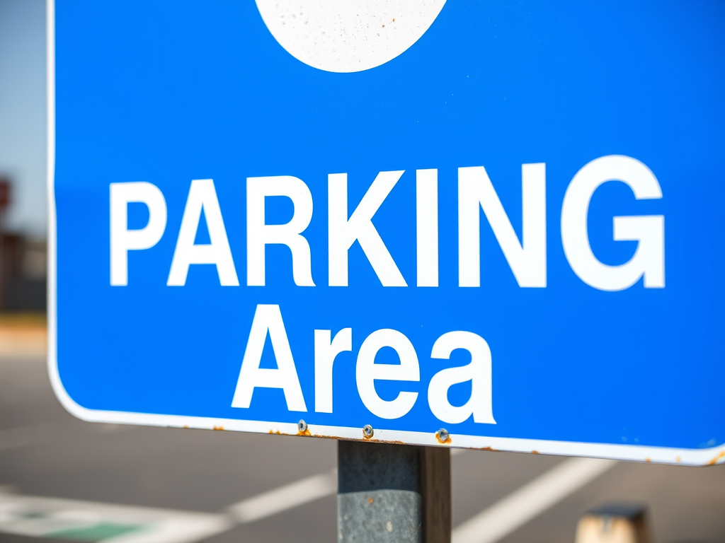Create a clear and vibrant image of a blue parking area sign with white bold text, using a DSLR camera at 50mm focal length, aperture f/4, ISO 100, shot from a slight angle to highlight depth and clarity.