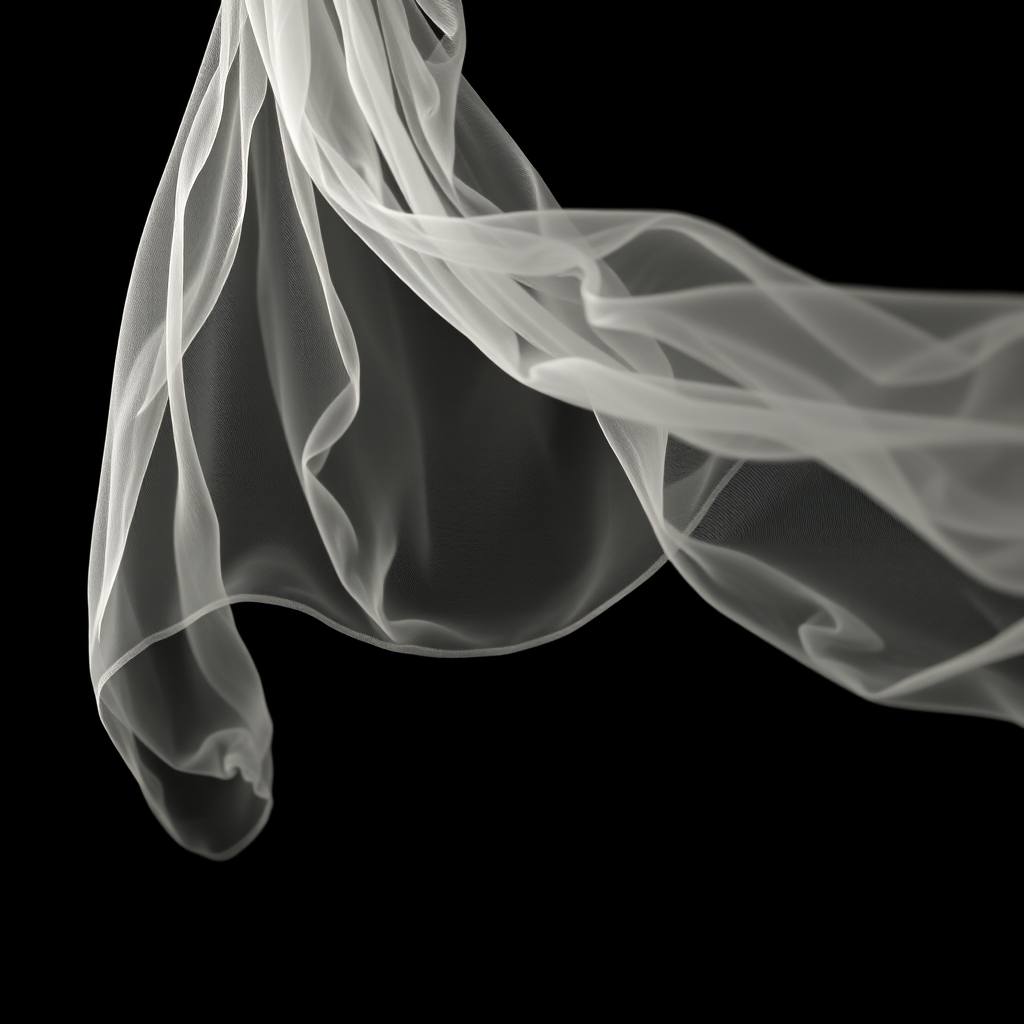 capture a flowing piece of translucent fabric gently billowing in front of a stark black background, use a Canon EOS R5, aperture f/2.8, shutter speed 1/125s, ISO 200, shot from a low angle with a soft focus effect, emphasizing the delicate textures and movement