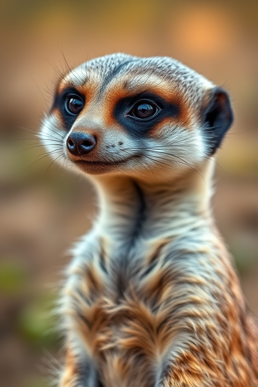 Generate a high-resolution portrait of a meerkat in a natural setting with a shallow depth of field, using a DSLR camera, 85mm lens, f/2.8 aperture, ISO 200, and a soft background blur to enhance focus on the animal.