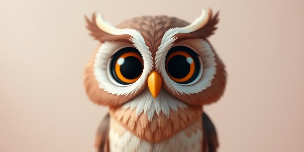 Create a cute cartoon owl with large expressive eyes, soft feather texture, and a warm color palette in a minimalist background, captured with a Canon EOS R5 at f/2.8, ISO 100, 50mm lens, with a shallow depth of field to enhance details and create a soft bokeh effect.