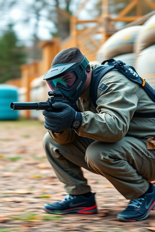 high-resolution image of a paintball player in action, crouched low and aiming, shot with a DSLR camera at f/2.8, ISO 400, 1/500s, wide-angle lens, outdoor setting with dynamic lighting and vibrant colors, capturing motion blur for a sense of speed
