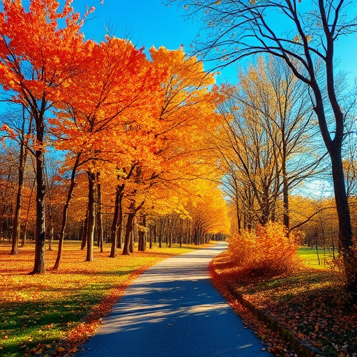 A picturesque autumn scene featuring a winding pathway bordered by vibrant trees adorned with orange and yellow leaves sunlight filtering through the branches creating a warm and inviting atmosphere fallen leaves scattered along the path and a clear blue sky in the background