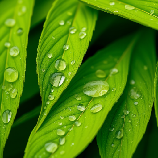macro shot of green leaves with water droplets, taken with a Canon EOS R5, 100mm f/2.8 macro lens, aperture f/4, ISO 200, shutter speed 1/200s, natural light, focus on texture and details of leaves, high saturation and contrast.