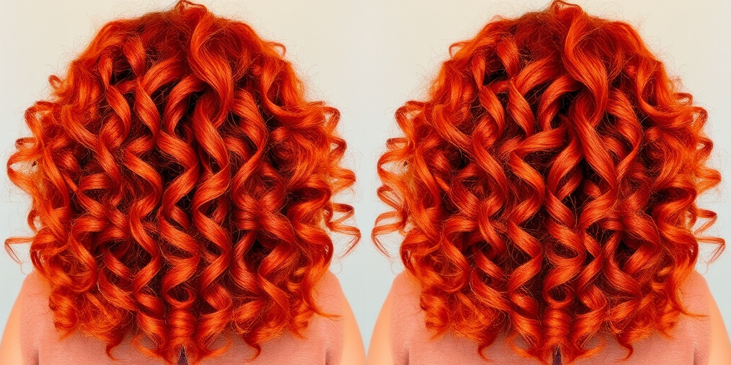 Fiery copper-red curls called "Phoenix Flame" with golden balayage highlights, voluminous and bouncy ringlets cascading down to mid-back length