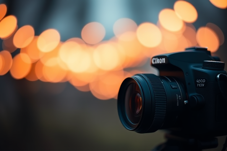 Create a soft-focus background with bokeh lights in warm tones, using a DSLR camera with a 50mm f/1.8 lens, aperture set to f/2.8, ISO 200, and a shallow depth of field.