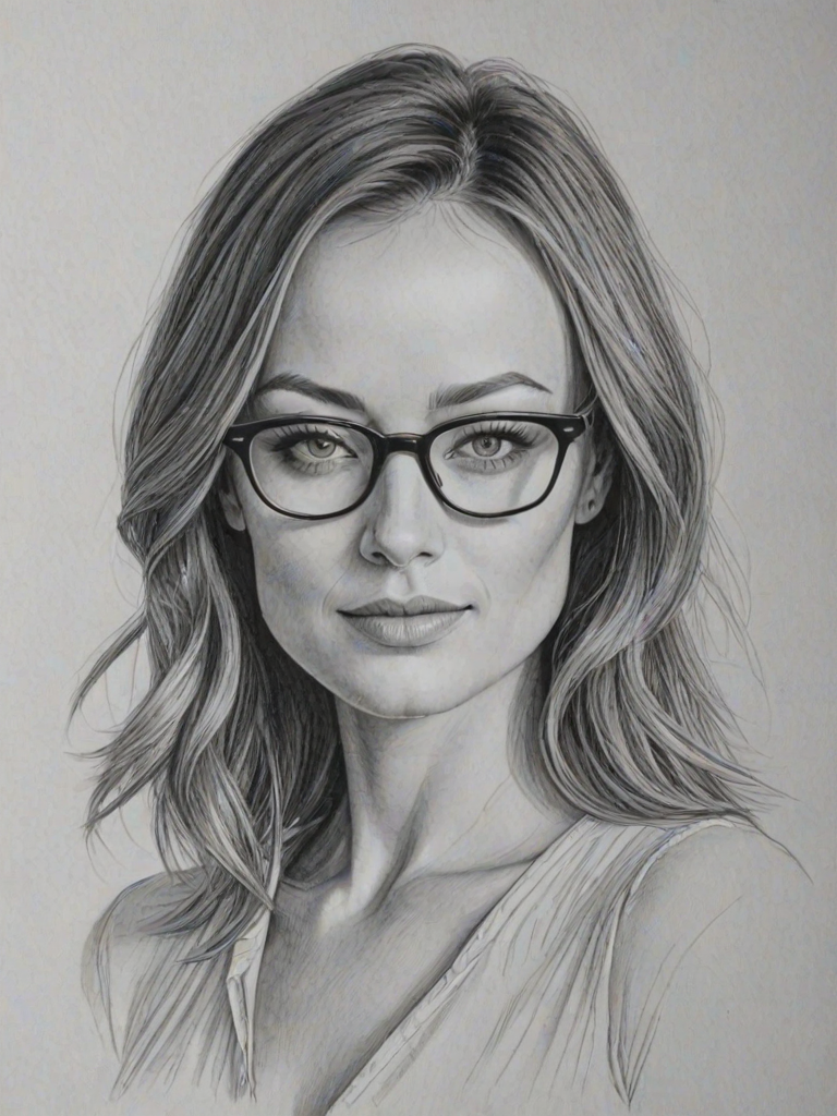 Bewitching Olivia Wilde, pencil sketch, portrait of Wonderful woman 1935s in glasses, hair style beatnik, outline, clear lines, fine lines, 8k