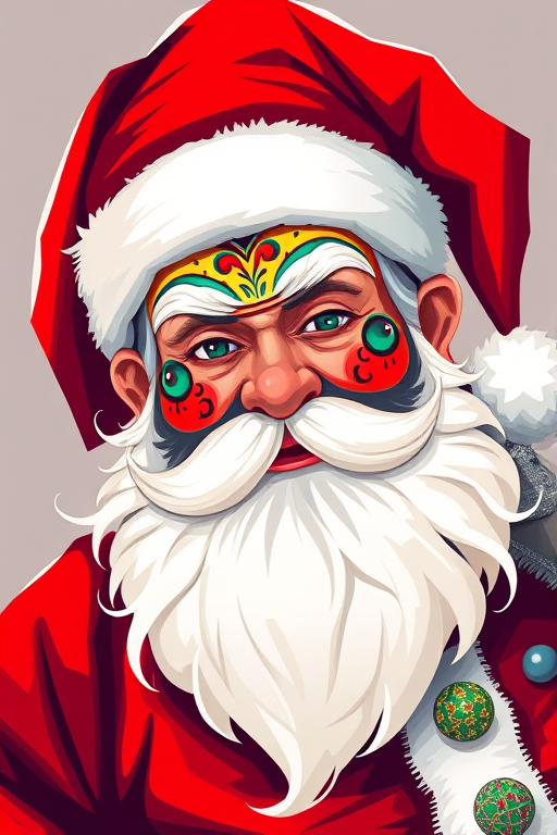create a vibrant and colorful illustration of a stylized Santa Claus with a red and white hat, intricate patterns and designs on his face, sharp contrasts, high detail, use a 50mm lens, f/2.8 aperture, ISO 100, soft studio lighting, and a digital painting style