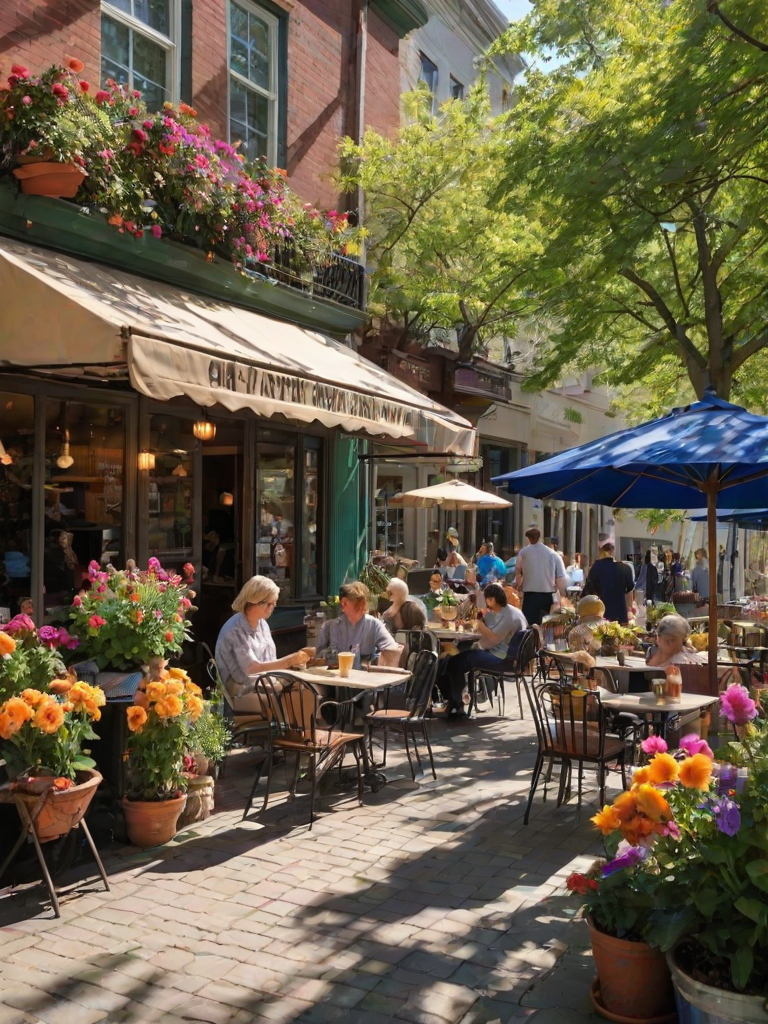 Charming cafe patio, with patrons enjoying coffee and pastries, flowers blooming in colorful pots, and sunlight casting dappled shadows on the ground.