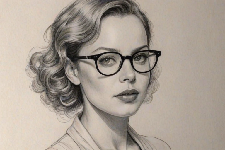 Exquisite Bijou Phillips, pencil sketch, portrait of Wonderful woman 1934s in glasses, hair style beatnik, outline, clear lines, fine lines, 8k