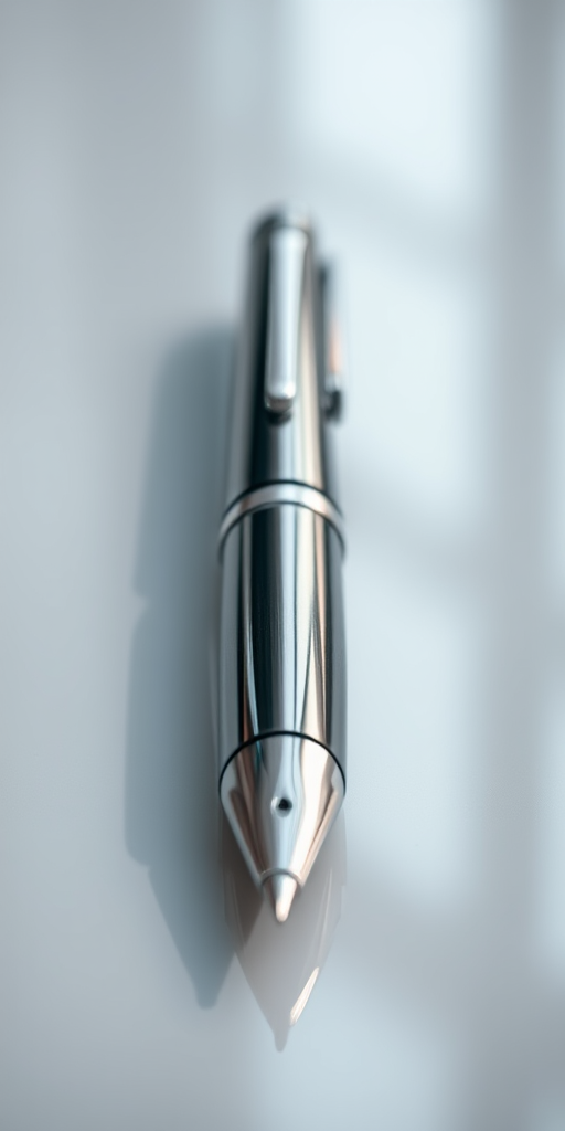 Create a hyper-realistic image of a sleek, elegant silver pen lying at a slight angle on a soft-focus surface, captured with a Canon EOS R5, 50mm lens, f/1.8, ISO 100, natural lighting, emphasizing reflections and textures.