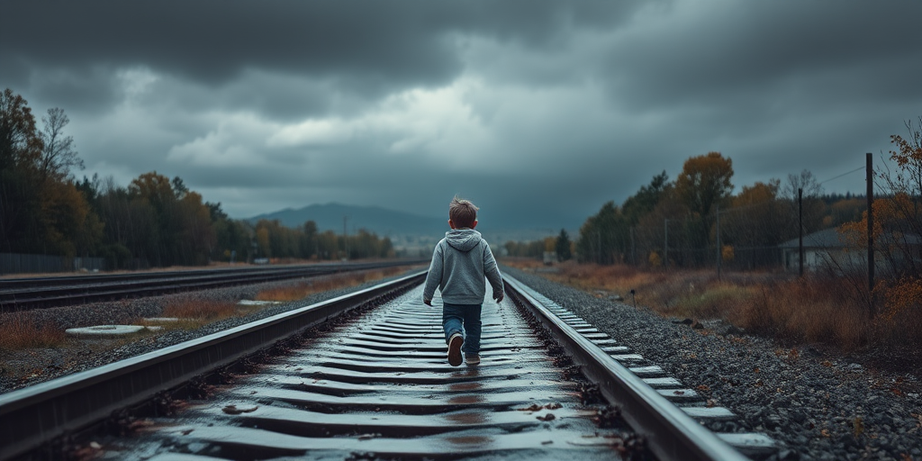 Create an image of a child walking along a rain-soaked railway track in a desolate landscape with dark clouds and autumn foliage, using a full-frame DSLR camera, f/2.8 aperture, ISO 400, 50mm lens, shot from a low angle to emphasize the child's journey, with a moody, cinematic style to enhance the atmosphere.