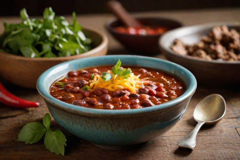Close-up of a steaming bowl of chili garnished with fresh herbs, soft natural light highlighting the rich colors of the ingredients on a rustic wooden table.