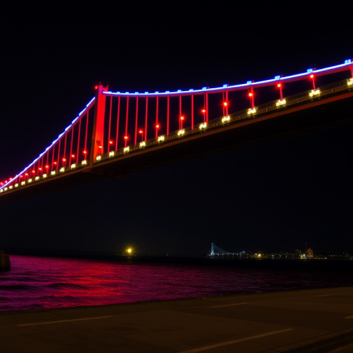Capture a night view of a brightly lit bridge with red and blue illumination, using a DSLR camera with a 24mm lens, aperture f/8, ISO 100, and a shutter speed of 5 seconds for clear details.