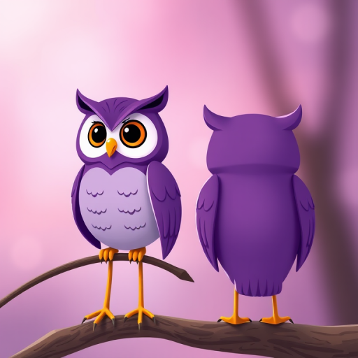 Create an image of a stylized cartoon owl in purple with front and back views, using a Canon EOS R5, 50mm lens, f/1.8 aperture, 1/125s shutter speed, and a soft focus background to enhance sharpness and color vibrancy.