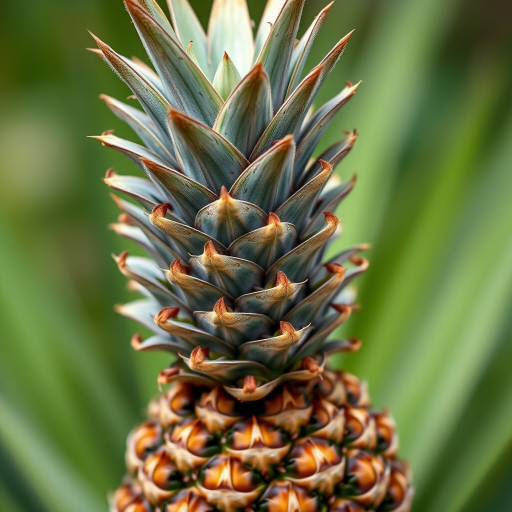 Create a highly detailed image of a pineapple with a blurred background, captured with a DSLR camera, 50mm lens, f/1.8 aperture, ISO 100, with soft natural lighting.