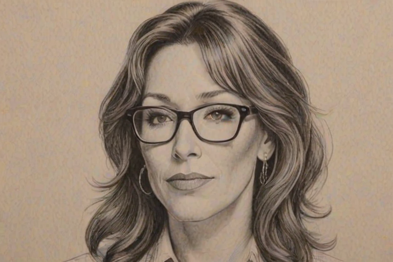 Magnificent Katey Sagal, pencil sketch, portrait of Enchanting woman 1947s in glasses, hair style beatnik, outline, clear lines, fine lines, 8k