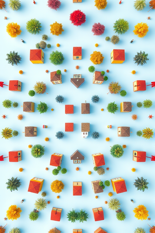 Create a colorful, stylized pattern featuring trees and houses arranged on a light blue background, using a digital camera setup with 50mm lens, f/8 aperture, ISO 100, and a bird's eye view perspective for enhanced clarity and vibrancy.