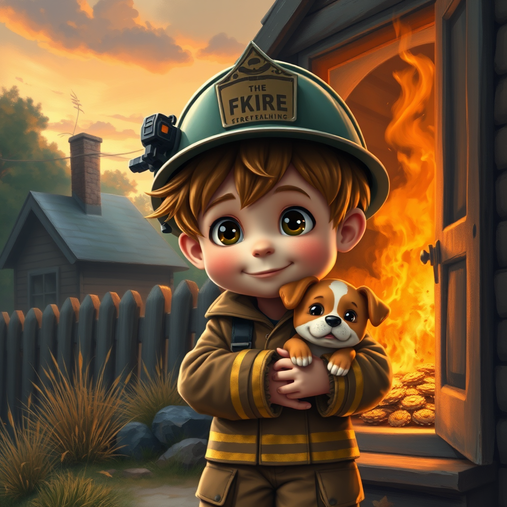 airbrushed oil painting, pixar style, cute little boy in fireman gear, helmet, tousled hair, expressive eyes, standing in the doorstep of a cottage burning behind him, holding a cute little dog in his arm, atumn sky