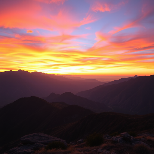 Generate a high-quality image of a serene landscape featuring mountains at sunset with vibrant colors in the sky, using a DSLR camera with an aperture of f/8, ISO 100, shutter speed 1/125s, wide-angle lens, and in landscape orientation.