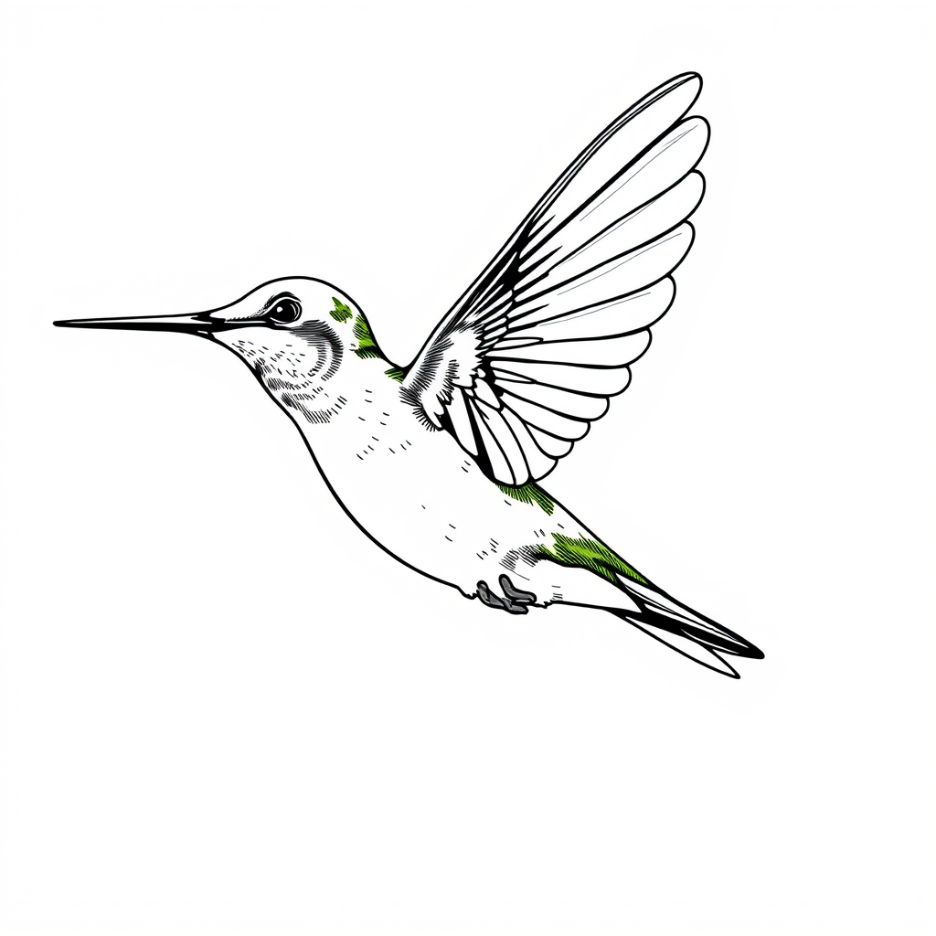 hummingbird in flight, detailed line art, high contrast, white background, 50mm lens, f/2.8 aperture, 1/500 sec shutter speed, natural lighting, close-up view, digital illustration