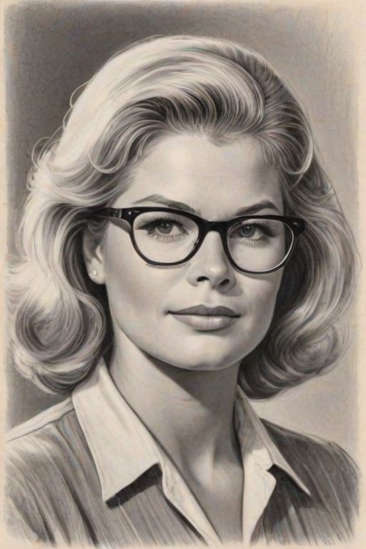 Fetching Candice Bergen, pencil sketch, portrait of Wonderful woman 1939s in glasses, hair style beatnik, outline, clear lines, fine lines, 8k