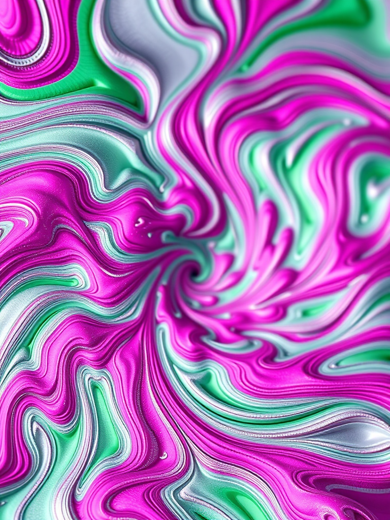 create a vibrant fractal pattern with swirling colors of pink, green, and silver, focused on intricate details, shot with a DSLR camera using a 50mm lens, aperture f/1.8, ISO 100, and a shallow depth of field to enhance the texture and clarity.