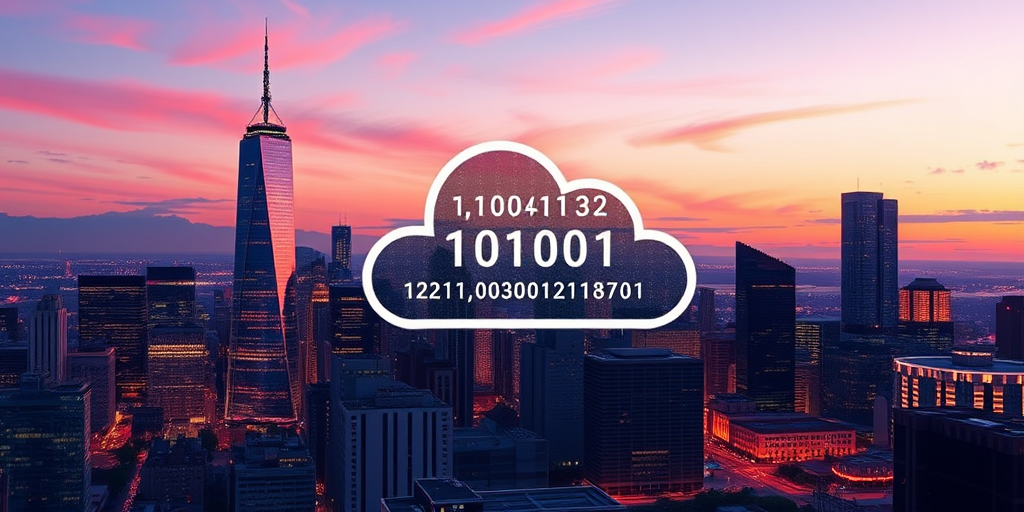 Create a digital illustration of a city skyline with a cloud symbol releasing binary code in the background, use a wide-angle lens, aperture f/8, ISO 100, shot during twilight for enhanced colors and contrast, in a vector art style.
