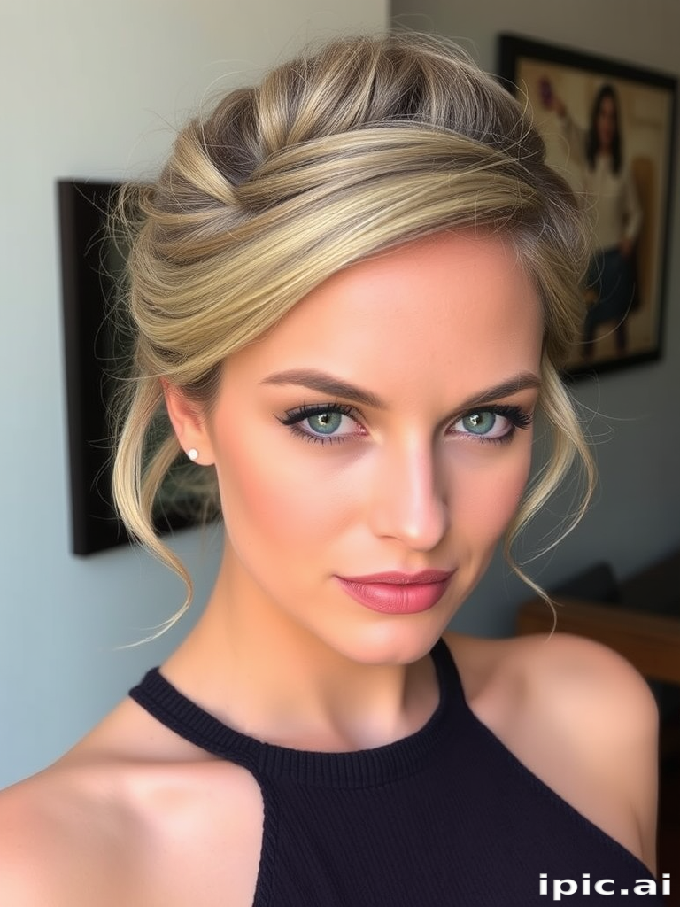 Sophisticated ash blonde French twist with wispy tendrils framing the face, exuding timeless elegance and refined beauty