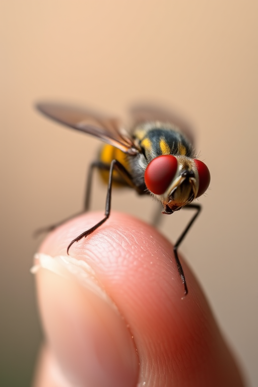 macro shot of a fruit fly perched on a fingertip, shallow depth of field, 100mm f/2.8 macro lens, exposure 1/100 sec, ISO 200, natural light, soft focus background, photographic style realistic, using a DSLR camera